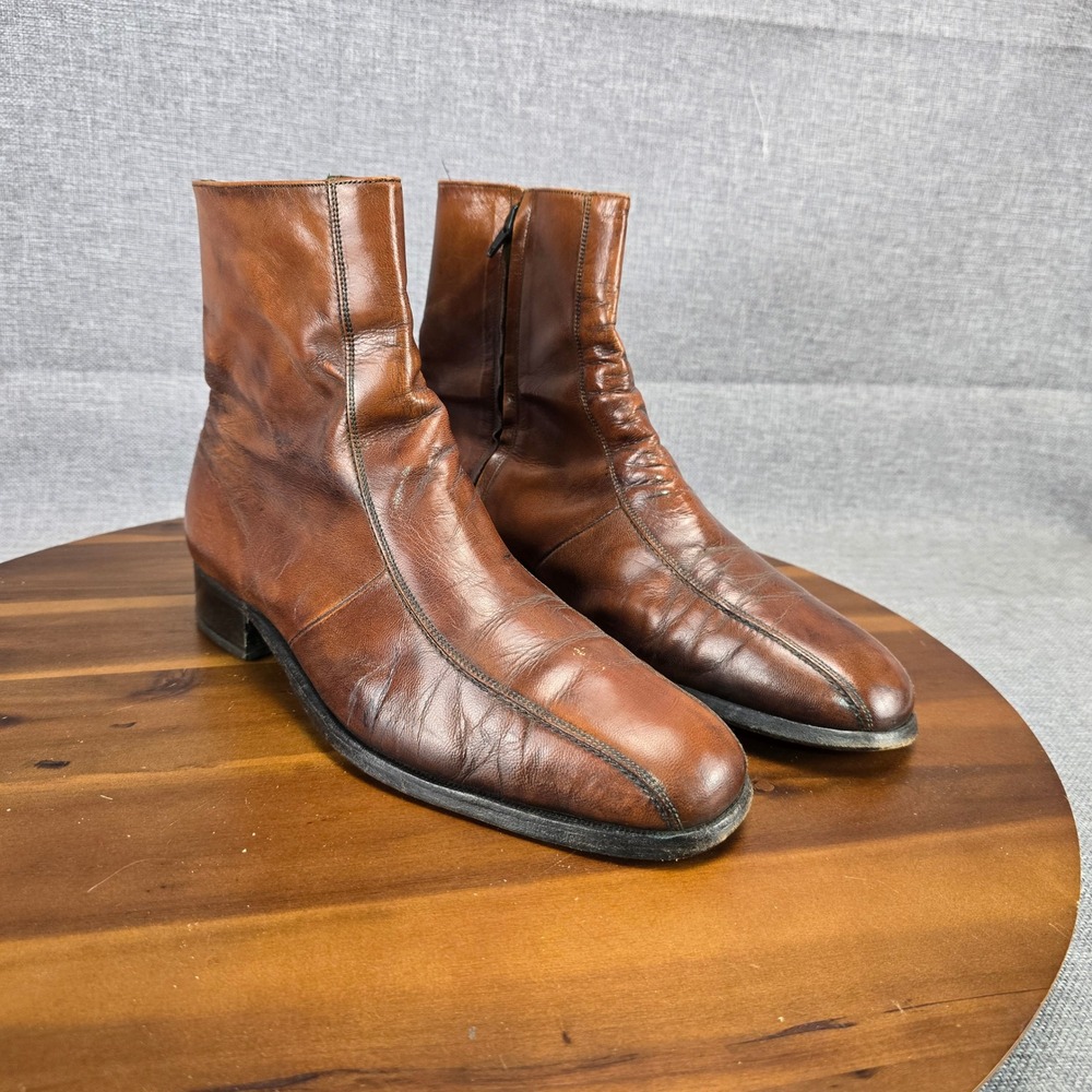 Vintage Mens Brown Leather Side Zip Square Toe Ankle Boots Size 11 D 93164 CI - Picture 14 of 14